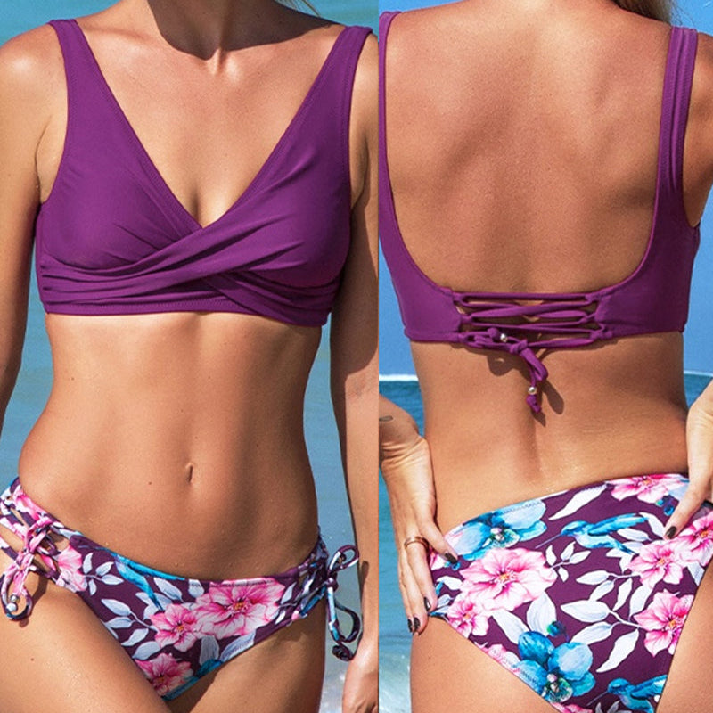 Női bikini – Körbetekerhető, keresztbe varrt felsőrész – Állítható, megkötős alsó rész – Légáteresztő, rugalmas anyag