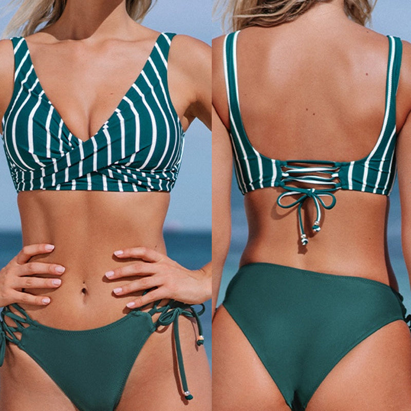 Női bikini – Körbetekerhető, keresztbe varrt felsőrész – Állítható, megkötős alsó rész – Légáteresztő, rugalmas anyag