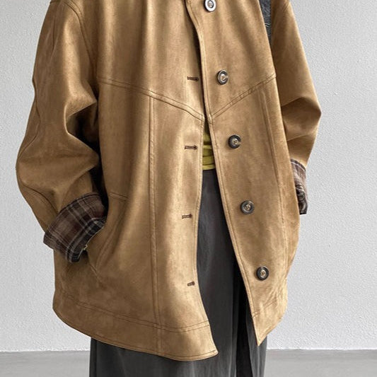 Barna kockás velúr kabát állógallérral