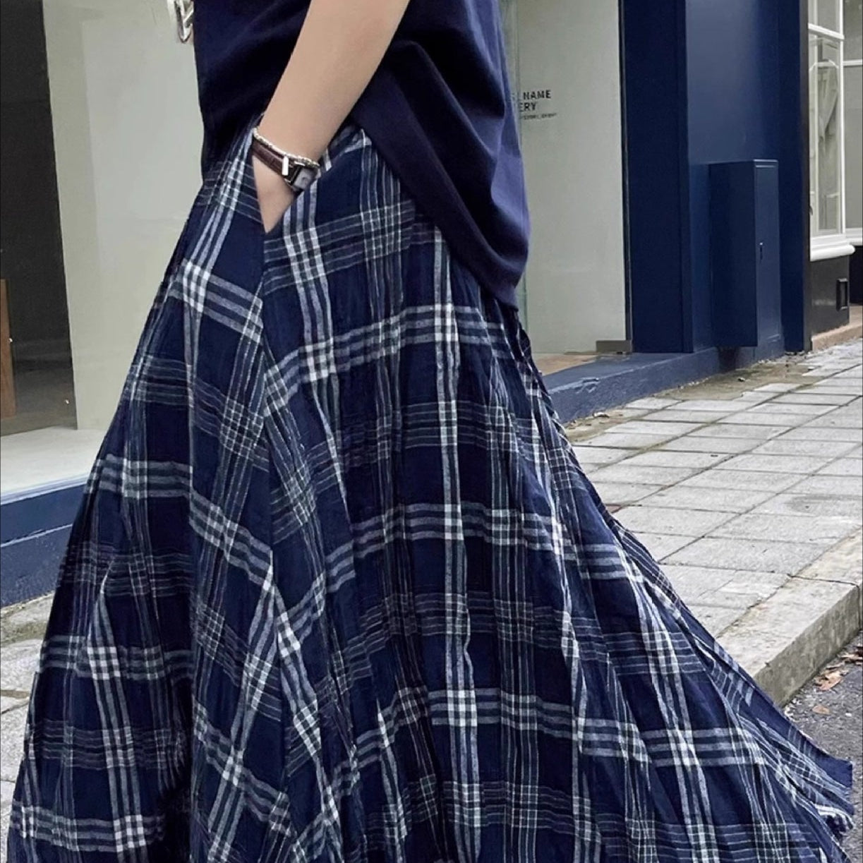 Vintage magas derekú, kockás, bővülő szoknya