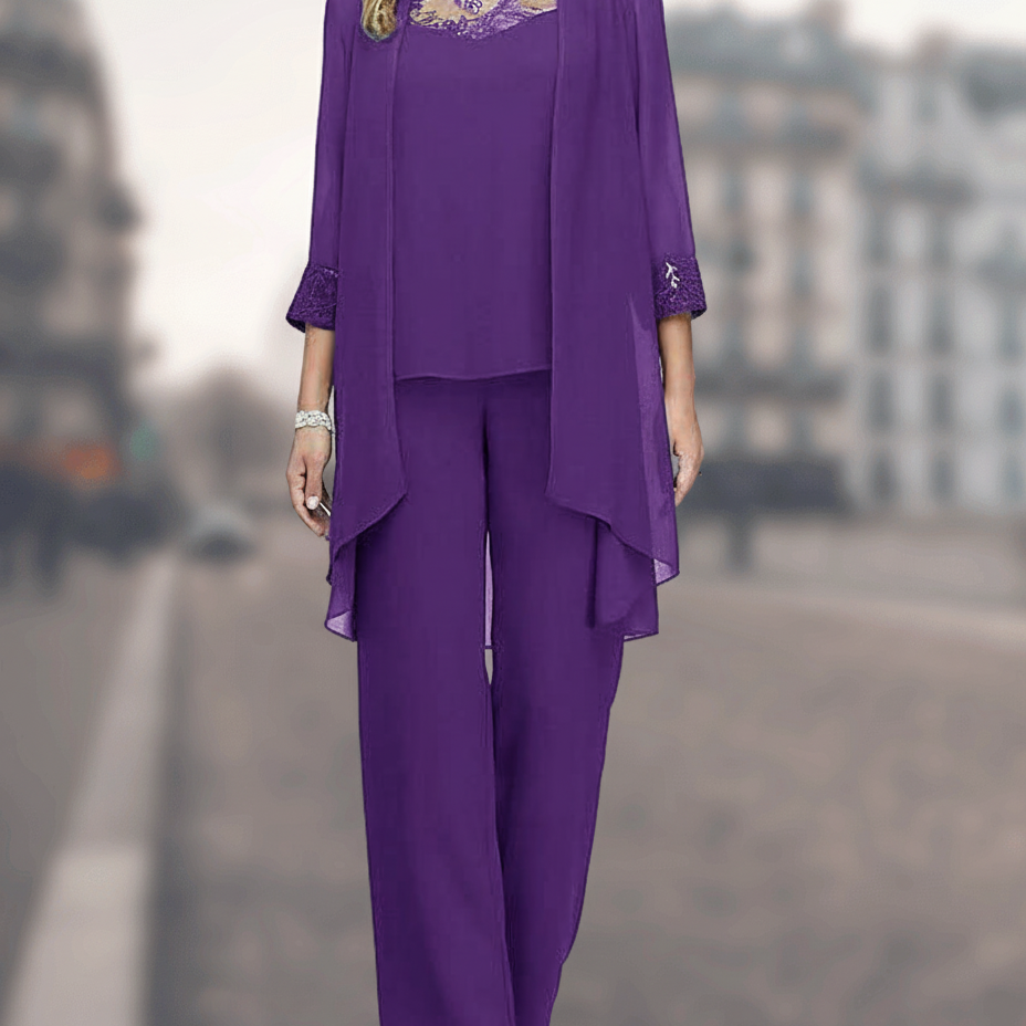 Női háromrészes szett – Árnyékoló szabás – Finom csipke – Kényelmes, bő szárú nadrág