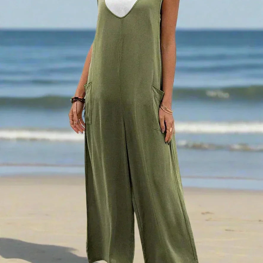 Női overál - Ujjatlan - Mélyen süllyesztett nyakú - Laza szabású - Oldalsó zsebekkel