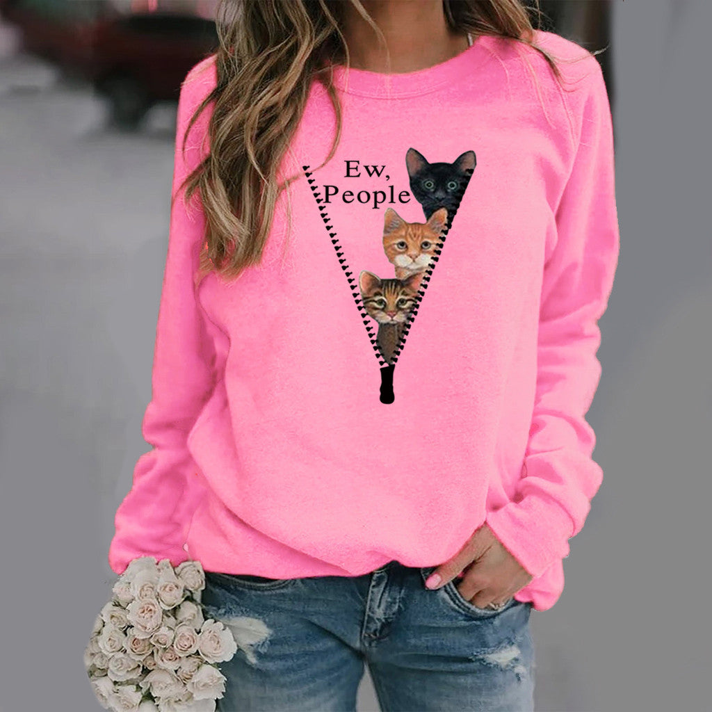 Női kerek nyakú pulóver – Laza szabású – Humoros macskás dizájn – Puha anyag