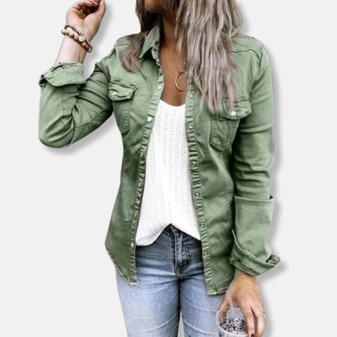 Női farmerdzseki – Testhezálló szabású – Gombos elejű – Mellkasi zsebek – Strukturált lezser stílus