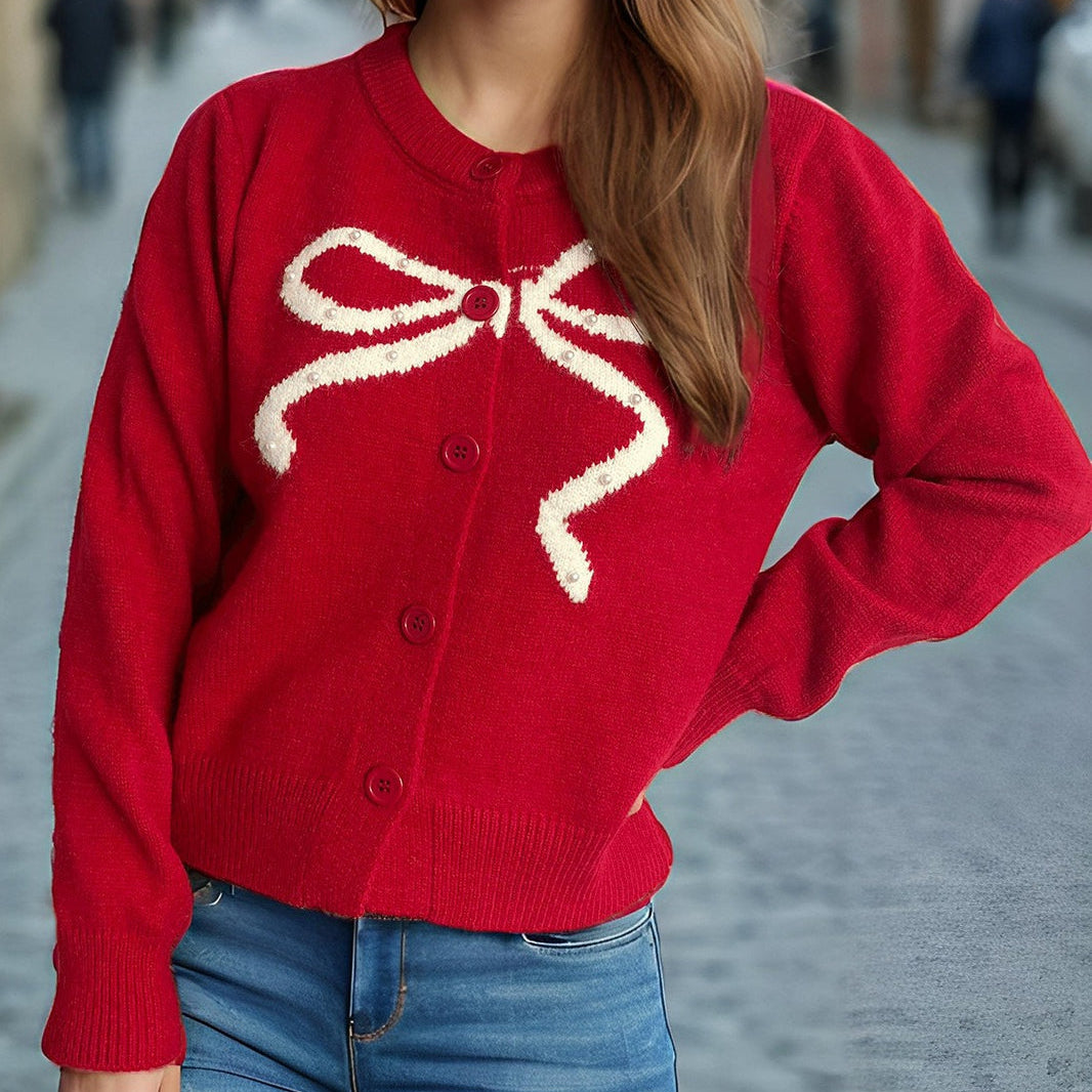 Egyszínű jacquard kerek kardigán csokornyakkendővel