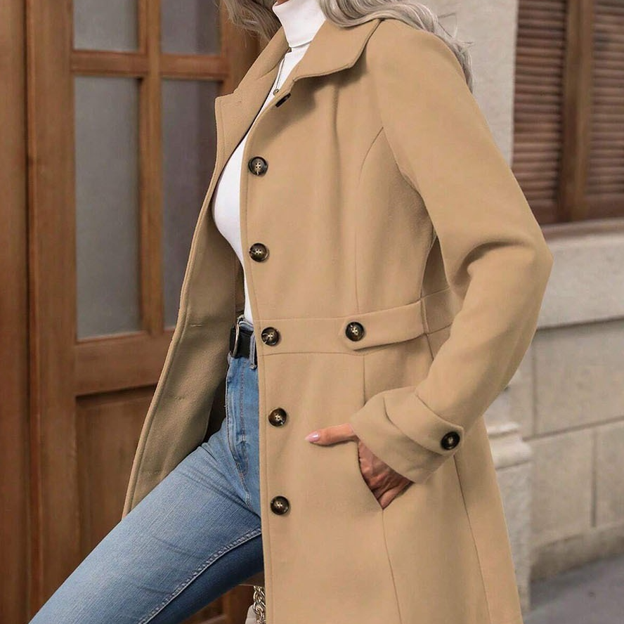 Elegáns gyapjúkeverék kabát bevágott hajtókával és gombokkal