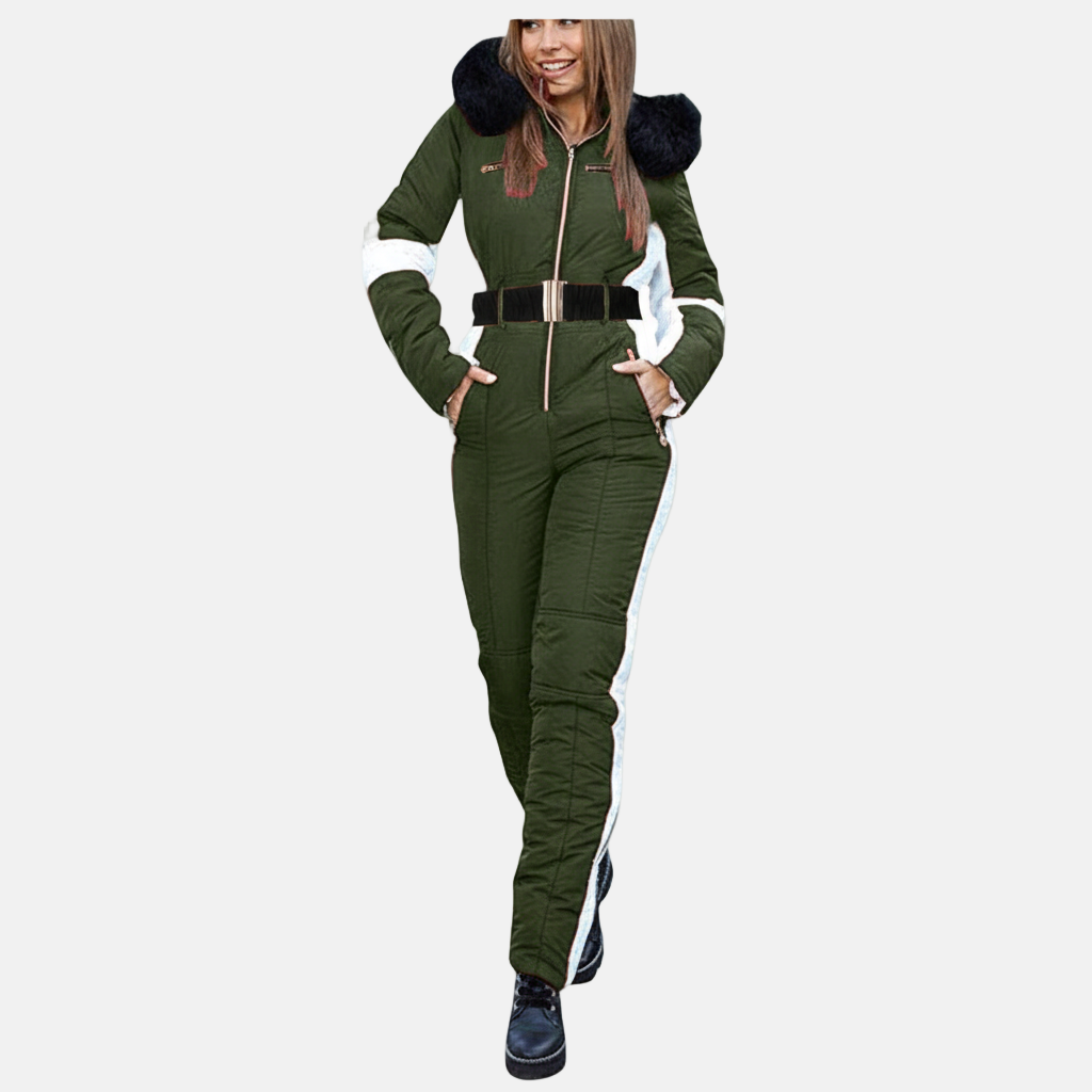 Női síköntvény – Slim fit – Öves – Műszőrme kapucni – Vízálló