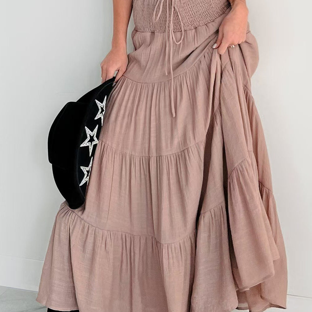 Hosszú, magas derekú A-vonalú szoknya kontrasztos húzózsinórral, bohém sikkes stílus