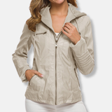 Női bőrkabát – Slim fit – Kapucni – Cipzáras zsebek – Derékhossz