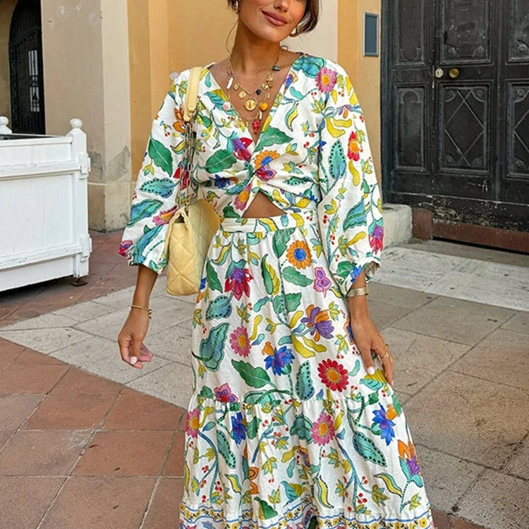 Női szoknya és felső szett - Átlapolt fazon - Hosszú ujjú - Virágminta - Lenge