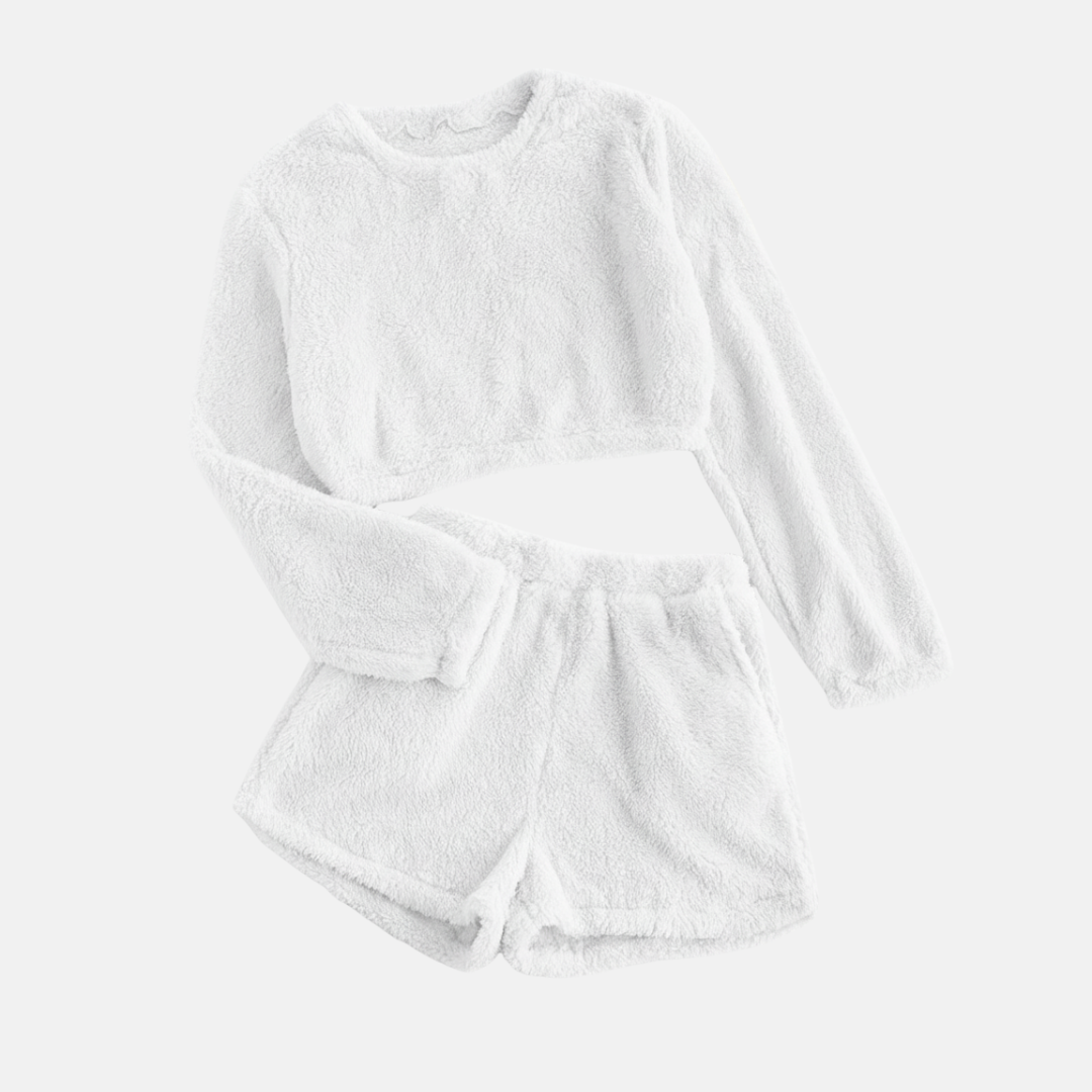 Női pizsama szett – Hosszú ujjú crop top – Puha, magas derekú rövidnadrág