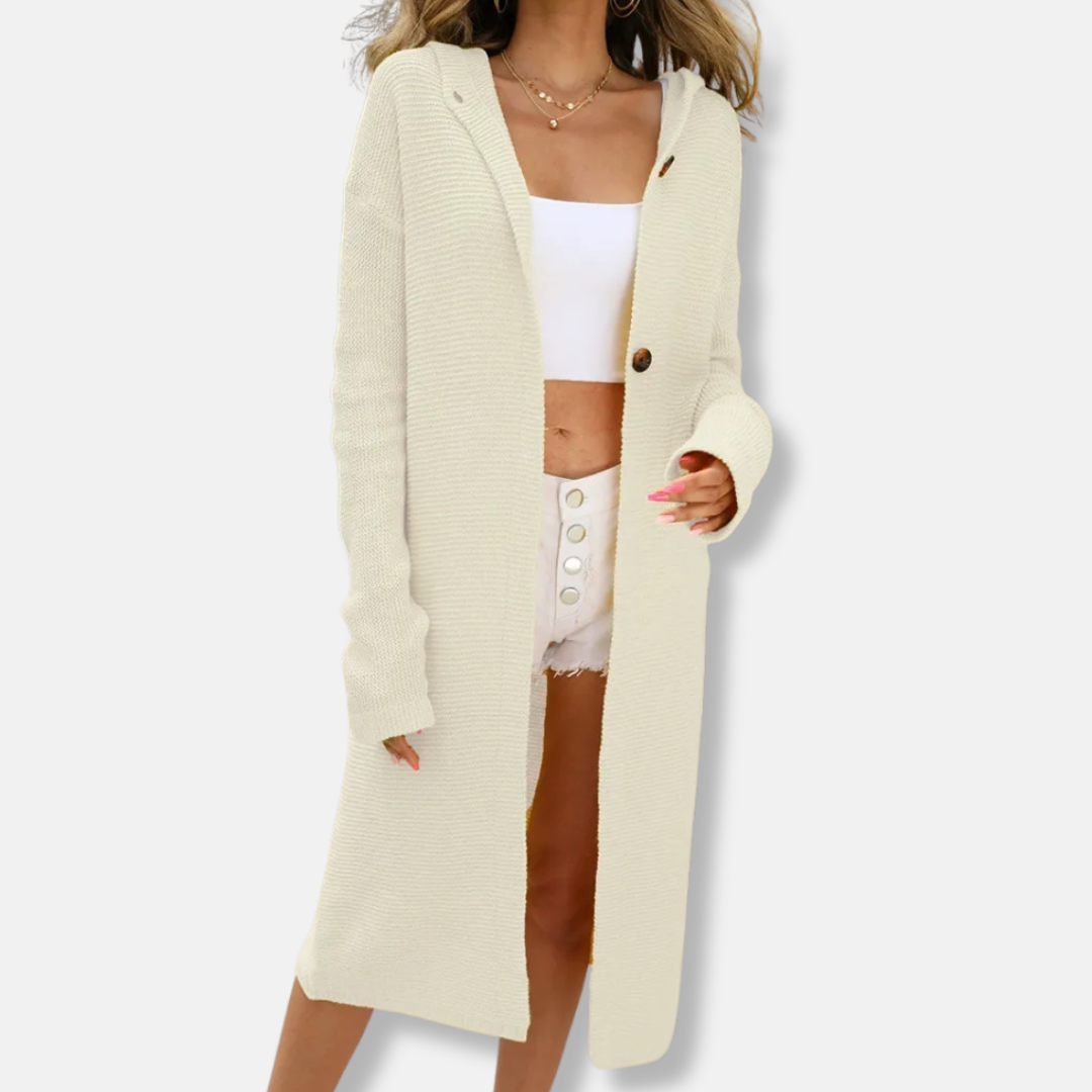 Női kardigán - bordázott kötésű - kapucnis - hosszú ujjú - combközépig érő hossz