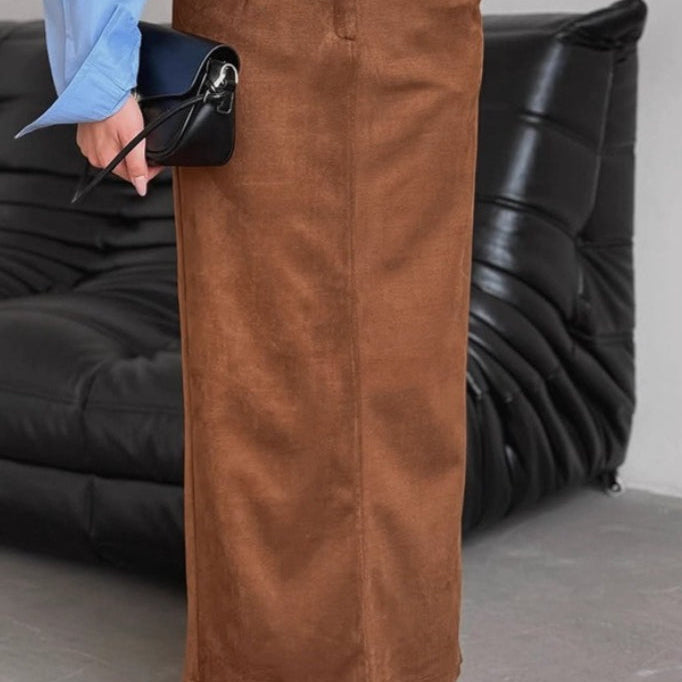 Hosszú, egyenes, vintage barna velúr szoknya hasítékkal