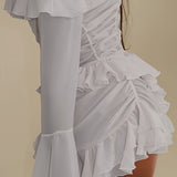 Elegáns, váll nélküli, hosszú ujjú, fodros szoknya szett