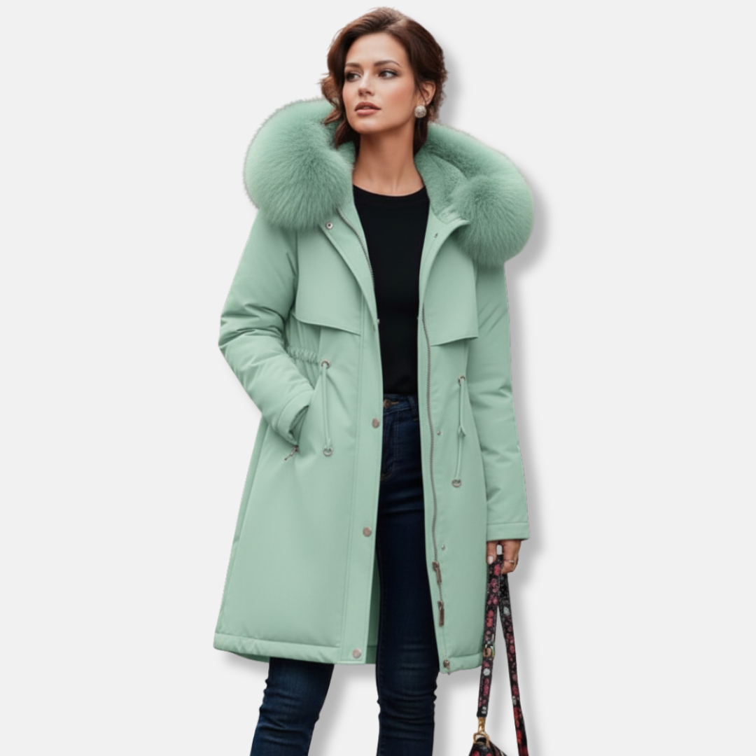 Női steppelt kabát – Egyenes szabású – Műszőrme kapucni – Vízlepergető
