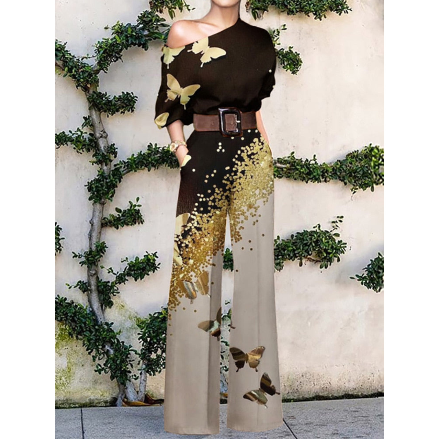 Női overál – váll nélküli – pillangóminta – széles öv – elegáns, laza szabású