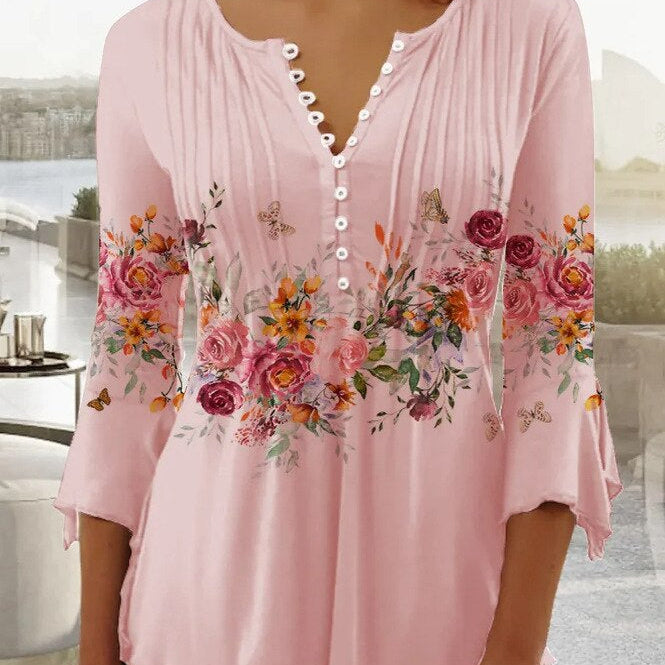 Női felső – Virágminta – Laza szabású – Háromnegyedes ujjú – Gombos V-nyakú – Könnyű anyag