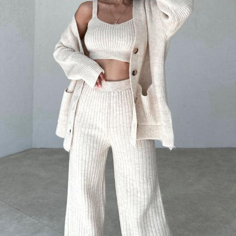 Női 3 részes szett - Kényelmes kötött - Túlméretezett kardigán, trikó, bő szárú nadrág