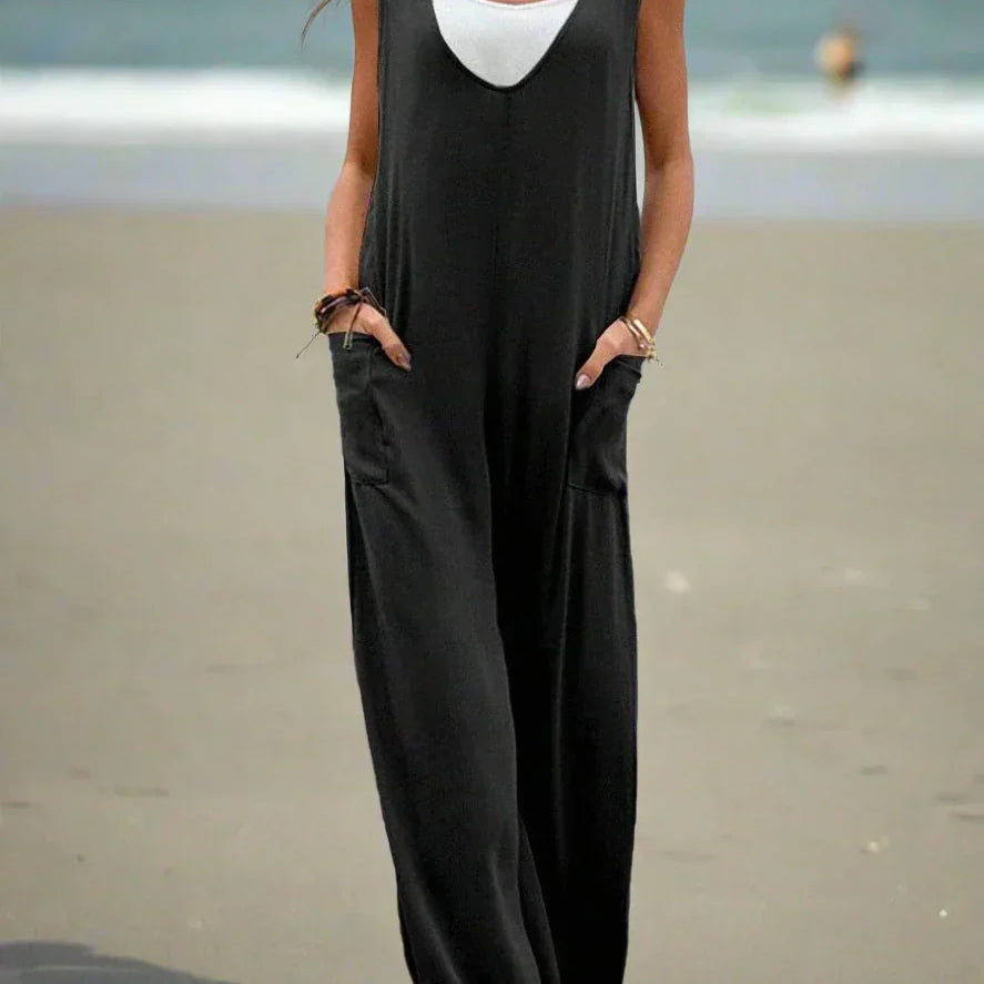 Női overál - Ujjatlan - Mélyen süllyesztett nyakú - Laza szabású - Oldalsó zsebekkel