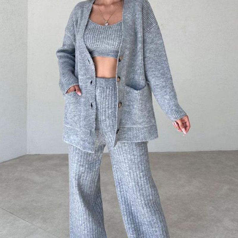 Női 3 részes szett - Kényelmes kötött - Túlméretezett kardigán, trikó, bő szárú nadrág