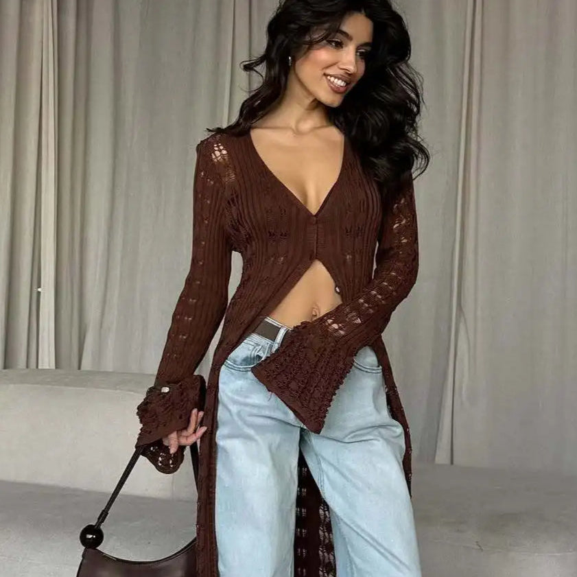 Hosszú ujjú, bő kötött strandmellény