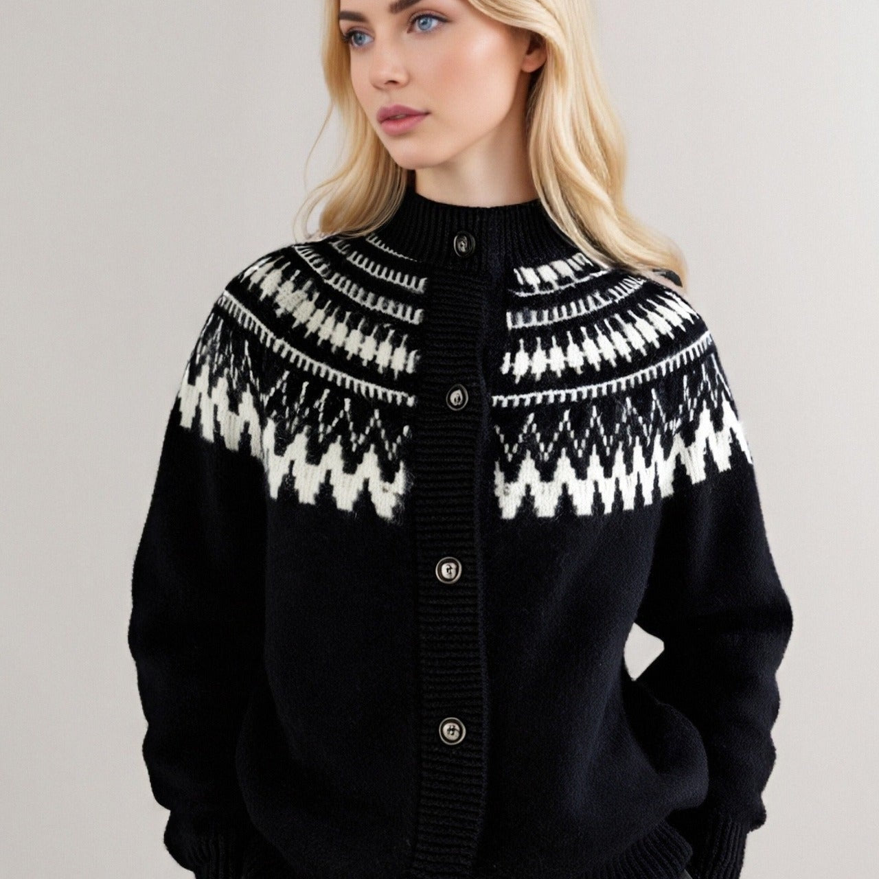 Fair Isle retró kötött kardigán kerek nyakkal és geometrikus blokkokkal.