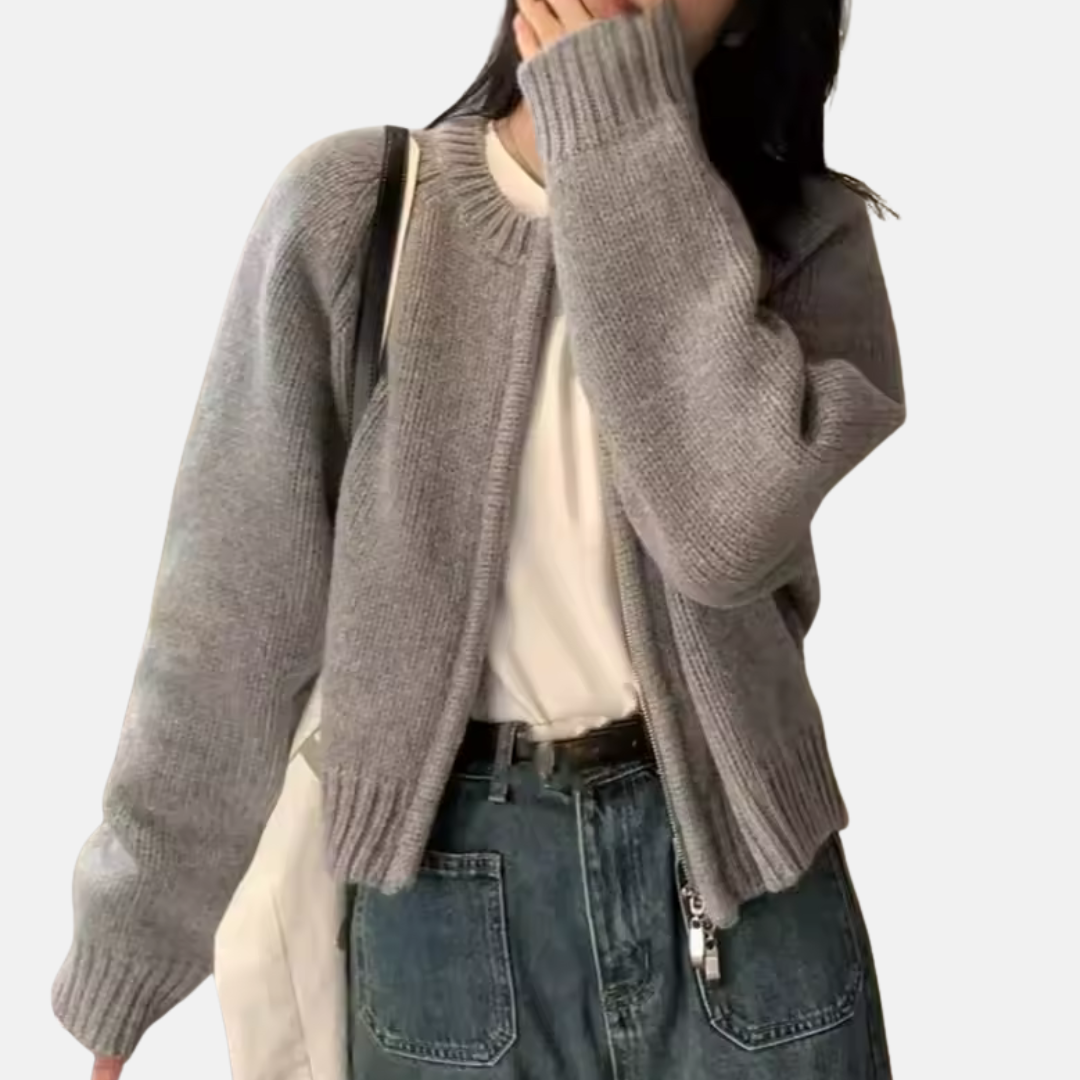 Női kardigán – Gyapjúkötésű – Laza szabású – Rövid – Hosszú ujjú – Kerek nyakú