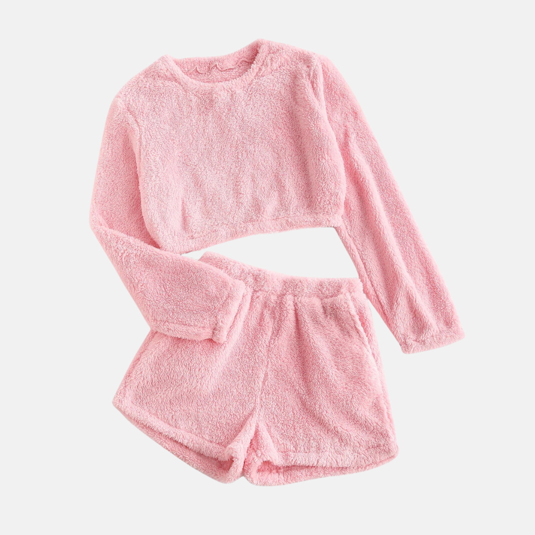 Női pizsama szett – Hosszú ujjú crop top – Puha, magas derekú rövidnadrág