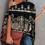 Női váll nélküli felső – laza szabású – geometrikus minta – lélegző anyag