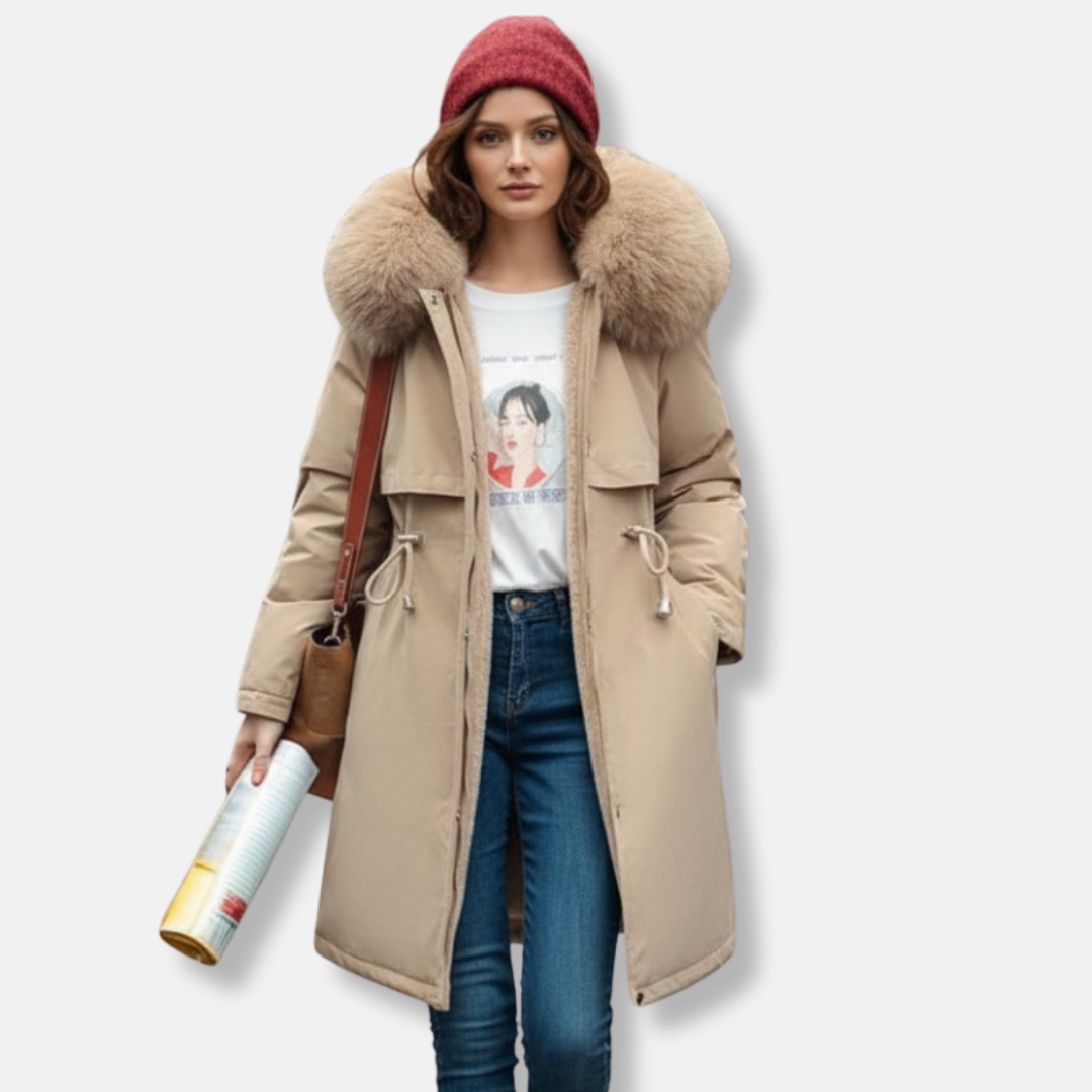 Női steppelt kabát – Egyenes szabású – Műszőrme kapucni – Vízlepergető