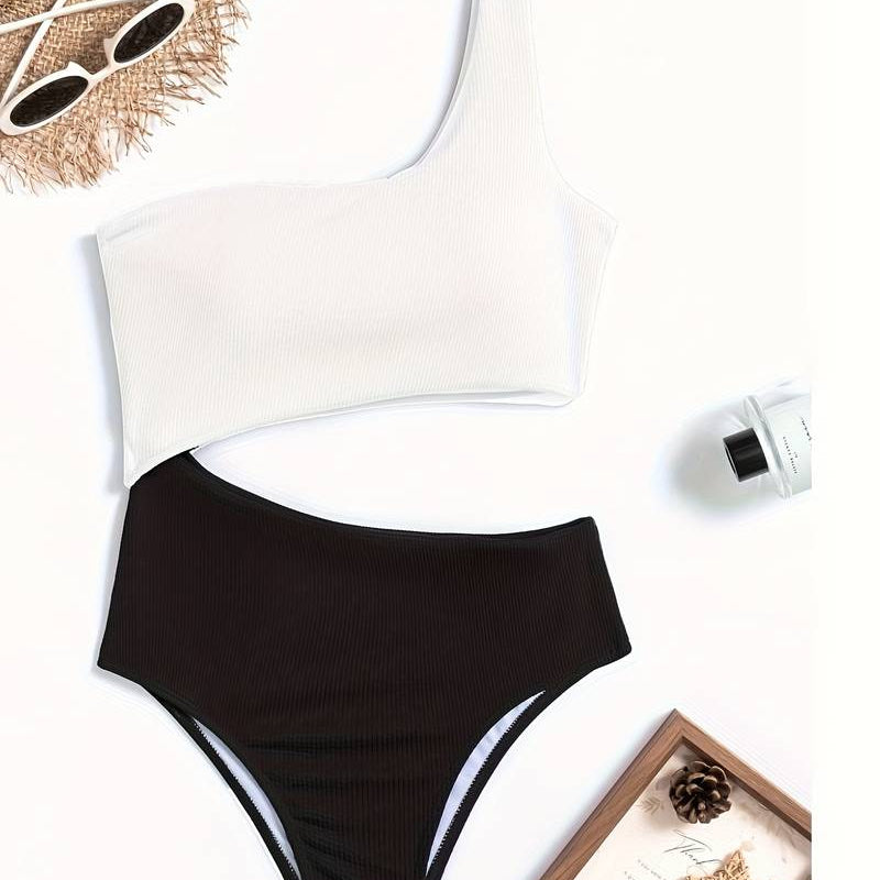 Női fürdőruha – Egyrészes – Aszimmetrikus nyakkivágás – Magasan dekoltált szár – Testhezálló bordázott anyag