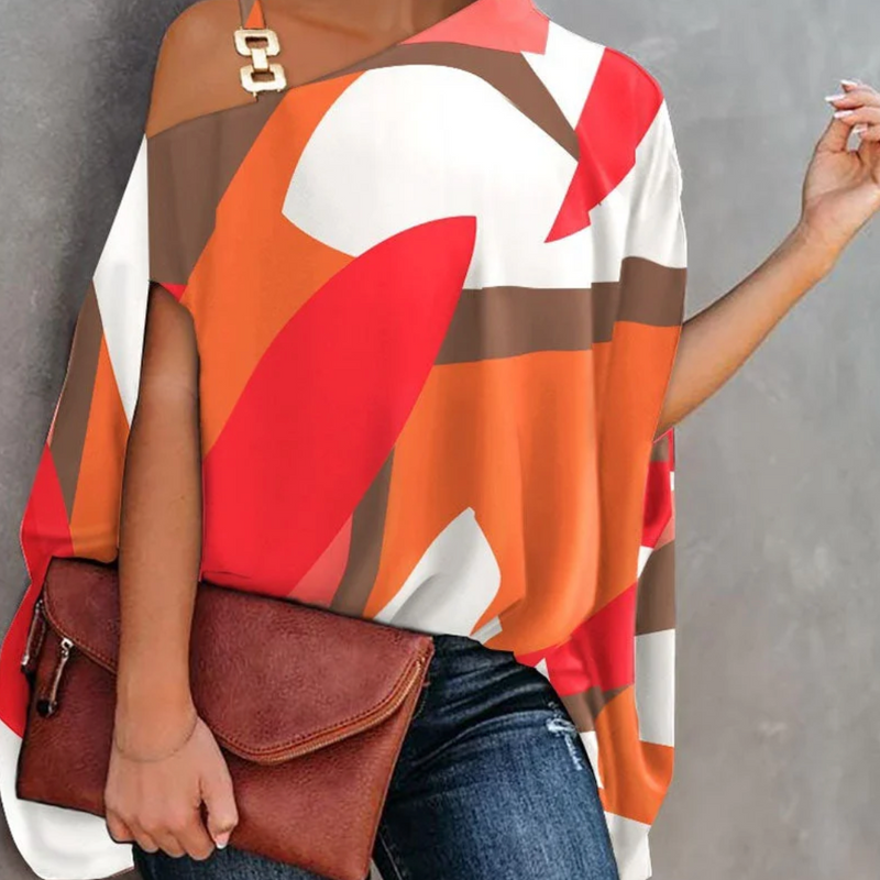 Női váll nélküli felső – laza szabású – geometrikus minta – lélegző anyag