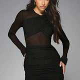 Hosszú ujjú, áttetsző kötött és ráncolt patchwork miniruha