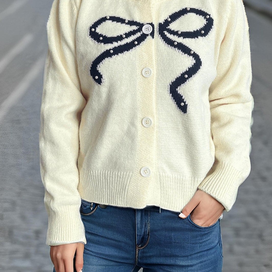 Egyszínű jacquard kerek kardigán csokornyakkendővel