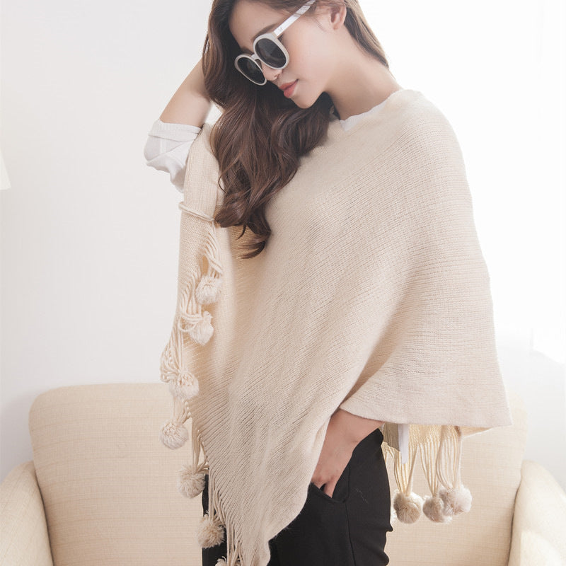 Női poncsó - rojtos és pomponos köpeny - kényelmes réteges kendő