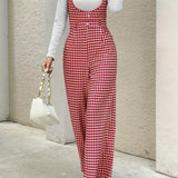 Női overál - tyúklábminta - ujjatlan - elegáns, bő szabású