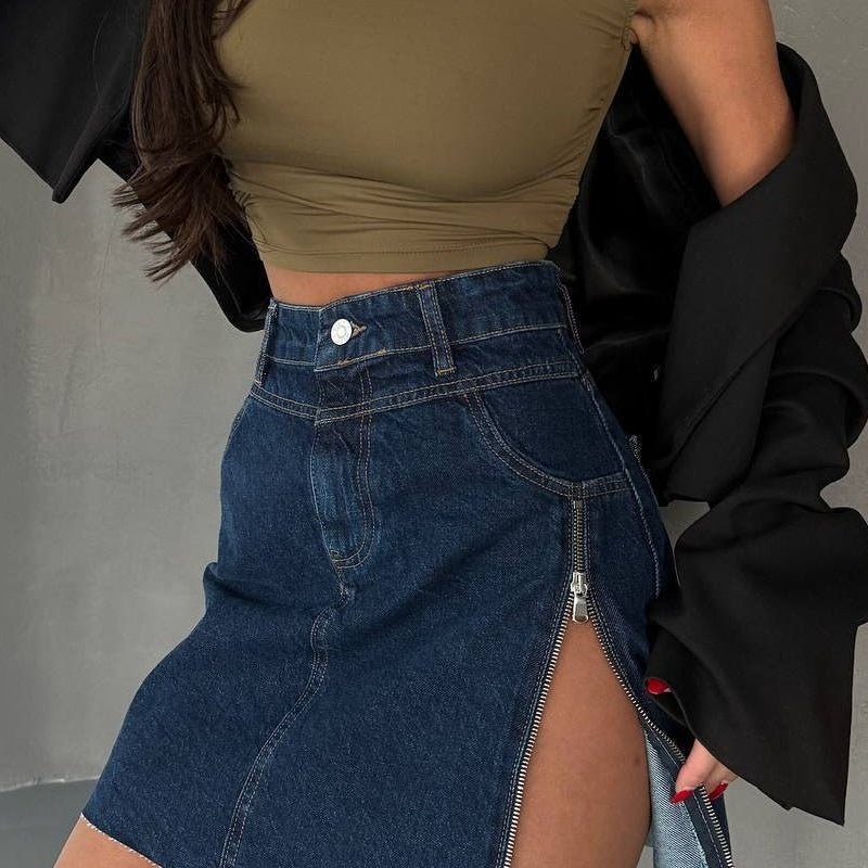 Árnyékoló, aszimmetrikus farmer miniszoknya