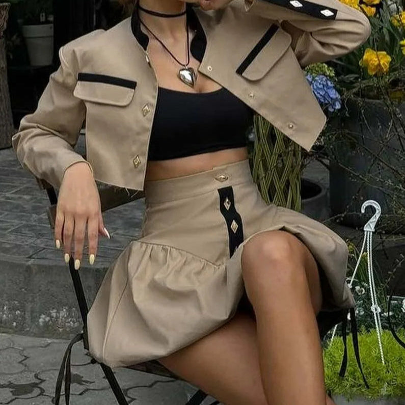 Kétrészes fekete patchwork miniszoknya szett irodába