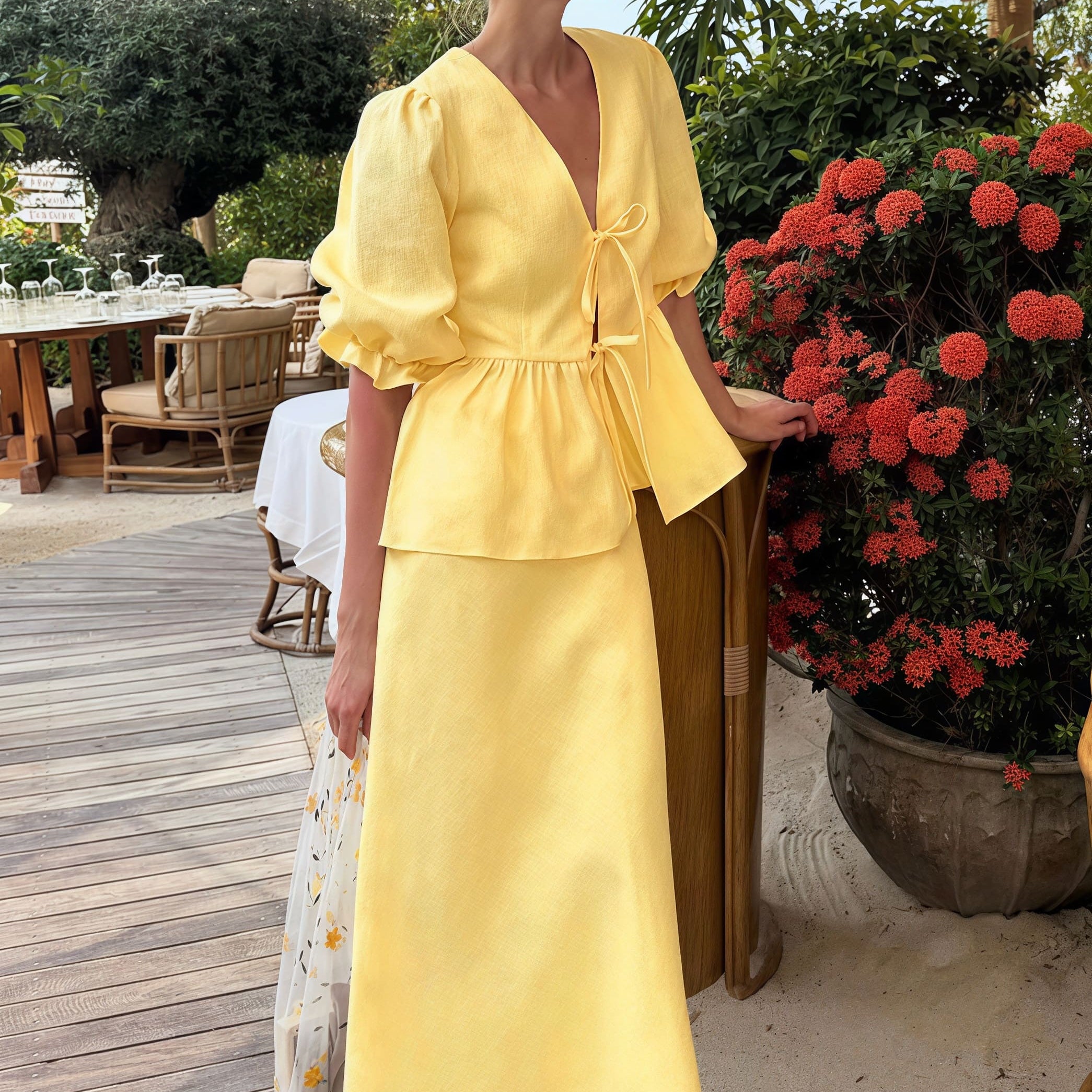 Rövid ujjú, fodros szoknya szett, V-nyakkal, lezser fazon.