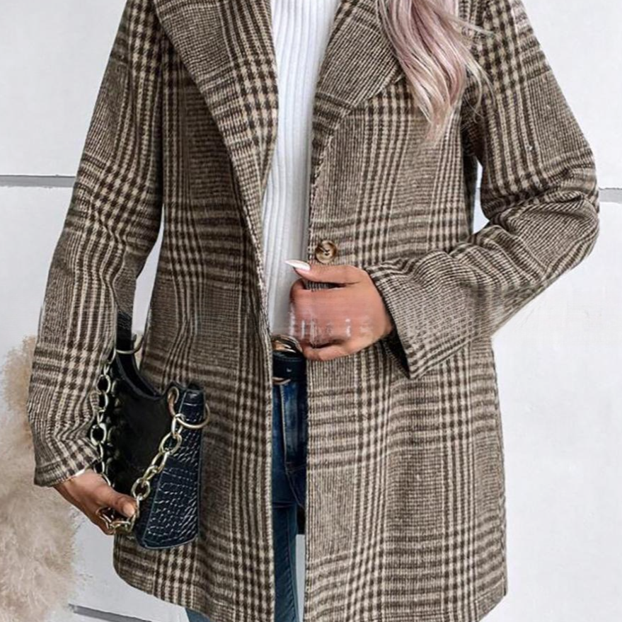 Elegáns, testhezálló, kockás tweed zakó bevágott hajtókával