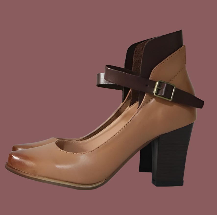 Női blokksarkú cipő – Sima bőr – Bokapánt – Elegáns kerek orr