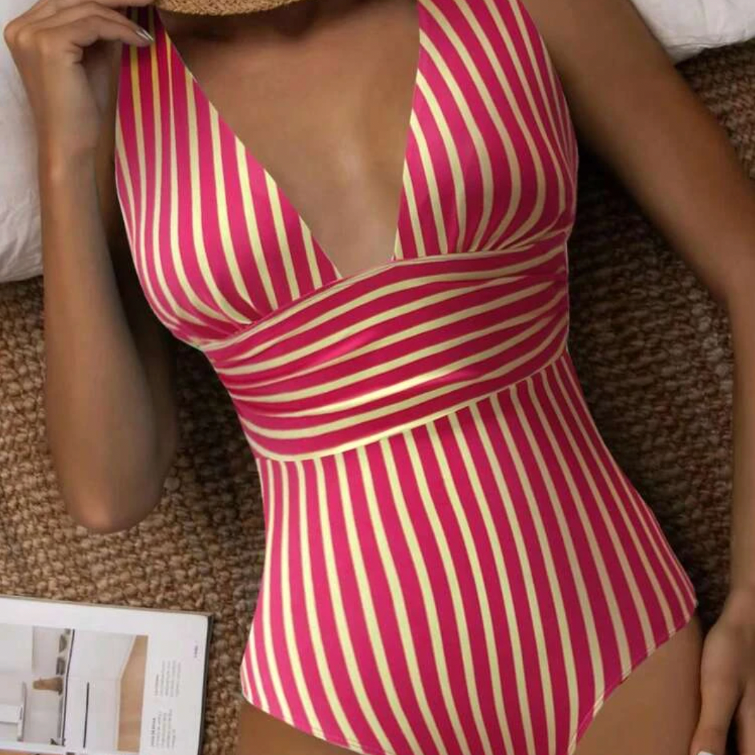 Női egyrészes fürdőruha – Rugalmas szabás – V-nyakú – Ráncolt részletek – Függőleges csíkok