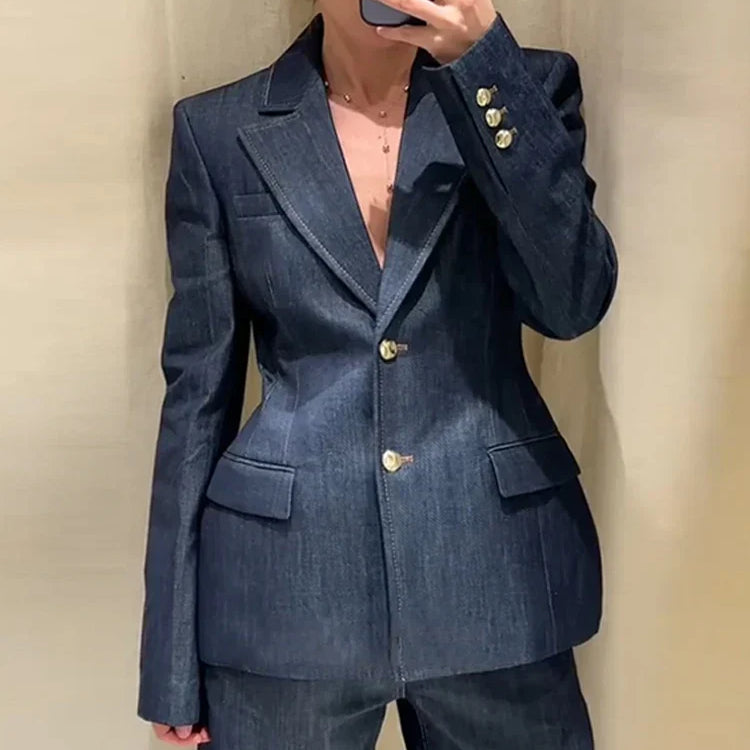 Kétrészes szett: farmerdzseki, magas derekú farmer és irodai nadrág