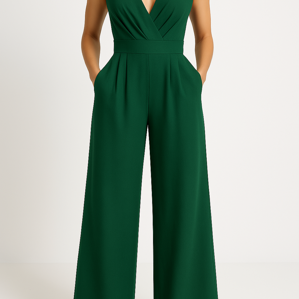 Női overál – Ujjatlan – Magas derekú – Széles szárú – V-nyakú