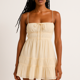 Női mini ruha – vékony pántok – ráncolt felsőrész – fodros – laza fazon