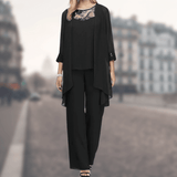 Női háromrészes szett – Árnyékoló szabás – Finom csipke – Kényelmes, bő szárú nadrág