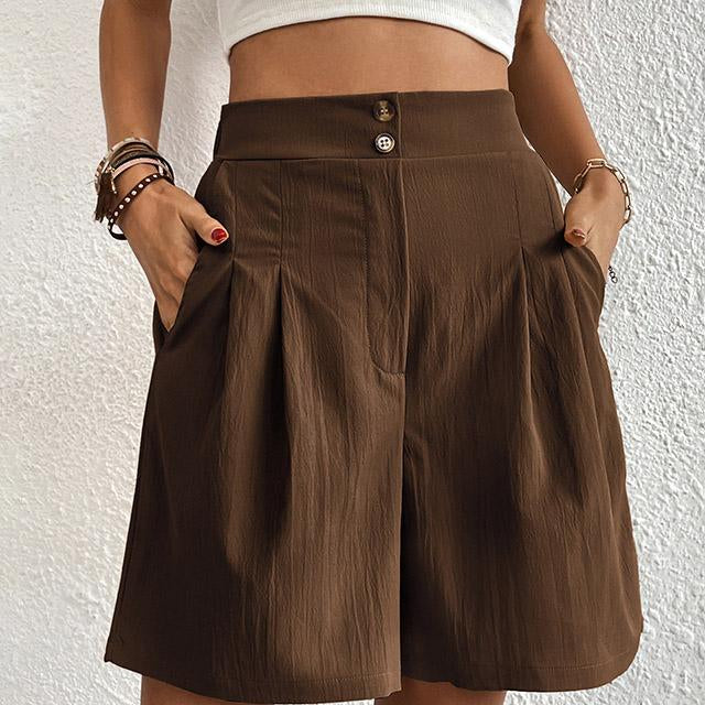Női rövidnadrág - Magas derekú - Széles szárú - Elegáns rakások - Oldalsó zsebek