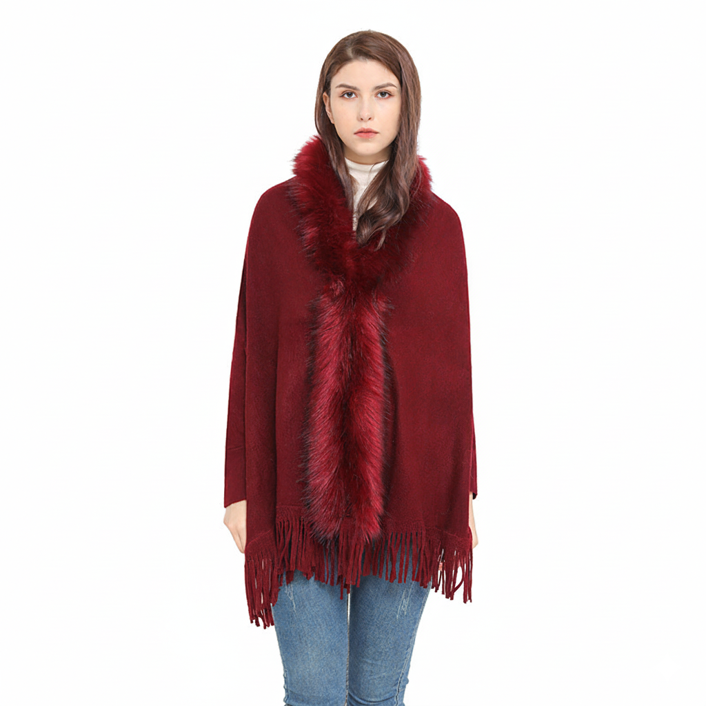 Női poncsó műszőrme szegéllyel – Laza szabású – Rojtos szegély