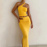 Női szoknya szett – karcsúsított szabású – aszimmetrikus felső – kivágott midi szoknya