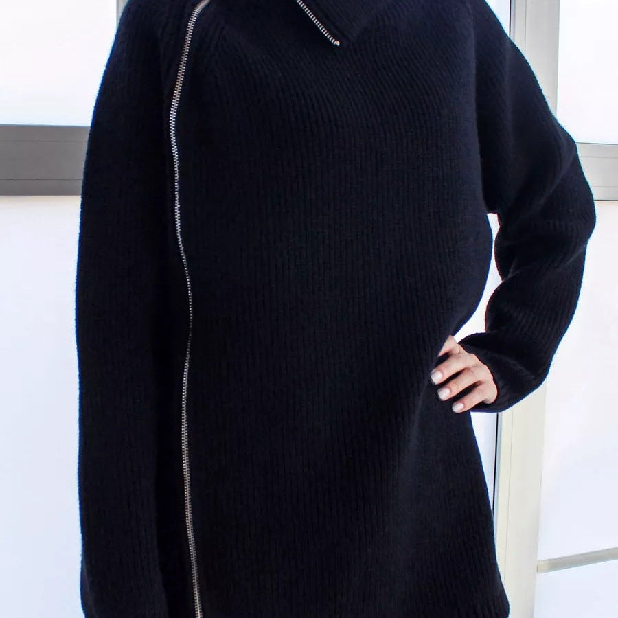 Női kötött pulóver – Túlméretezett szabás – Széles nyak – Aszimmetrikus cipzár